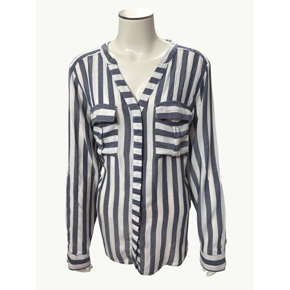 A.N.A. Striped Long Sleeve Rayon Blouse Size Large Breathable Lightweight Button